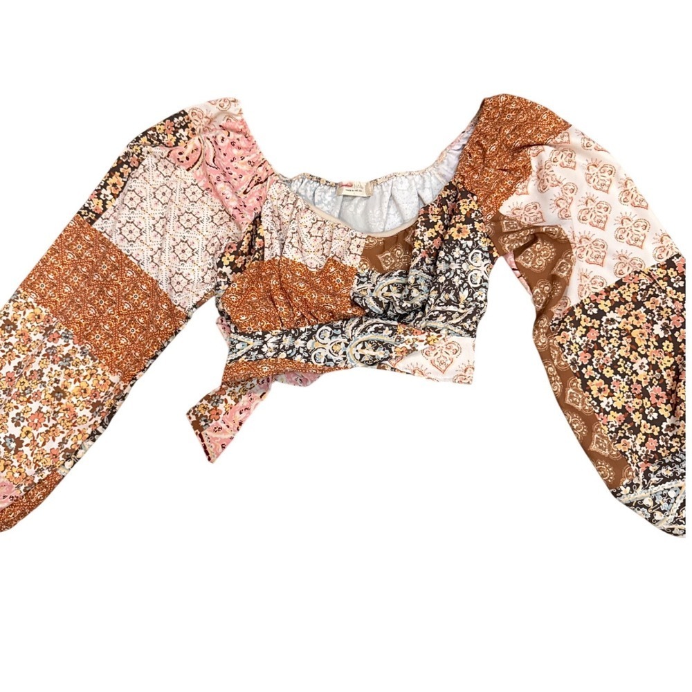 Altar'd State Boho‎ Patchwork Crop Top Puff Sleeve L Brown Floral Paisley Hippie